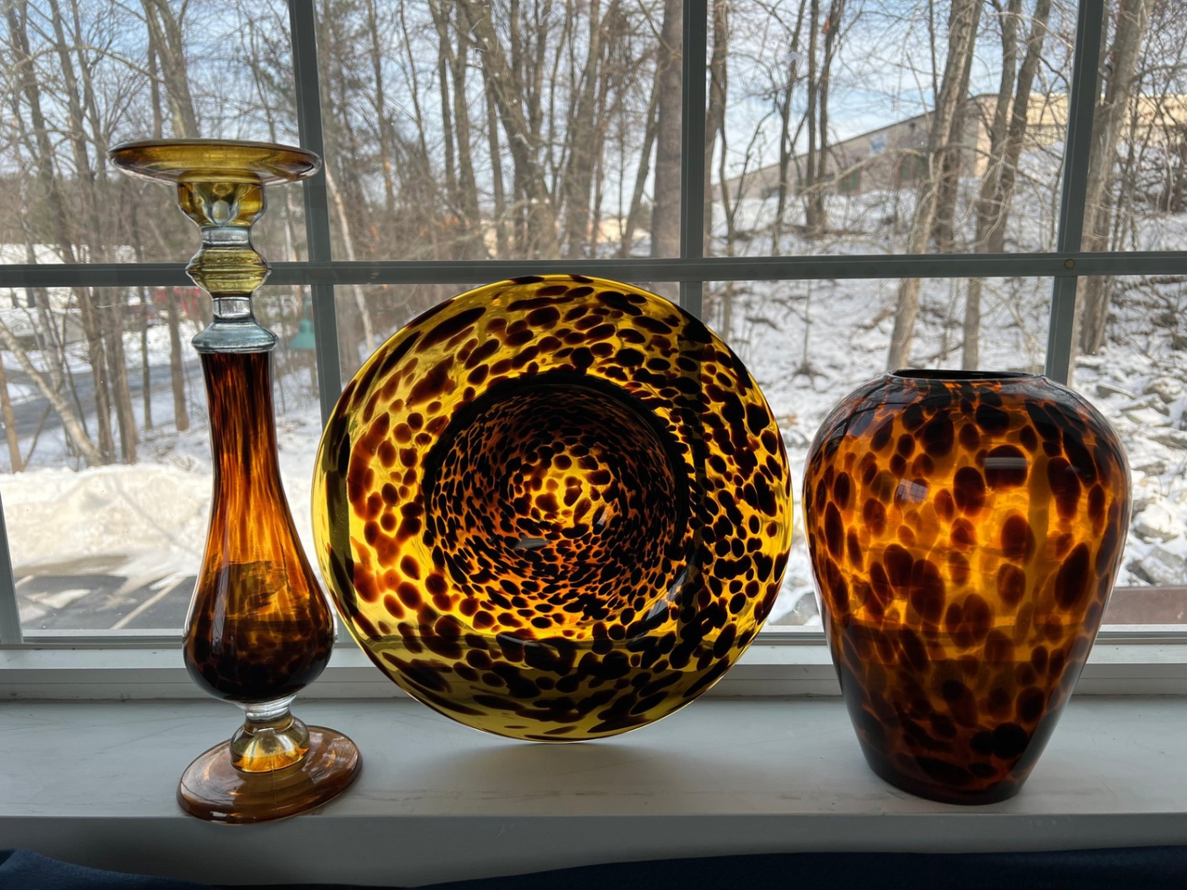 Amber Tortoiseshell Glass Decorative Lot – Large Art Glass Bowl, Molded Vase & Candlestick – 3 Pieces - image 1 of 8