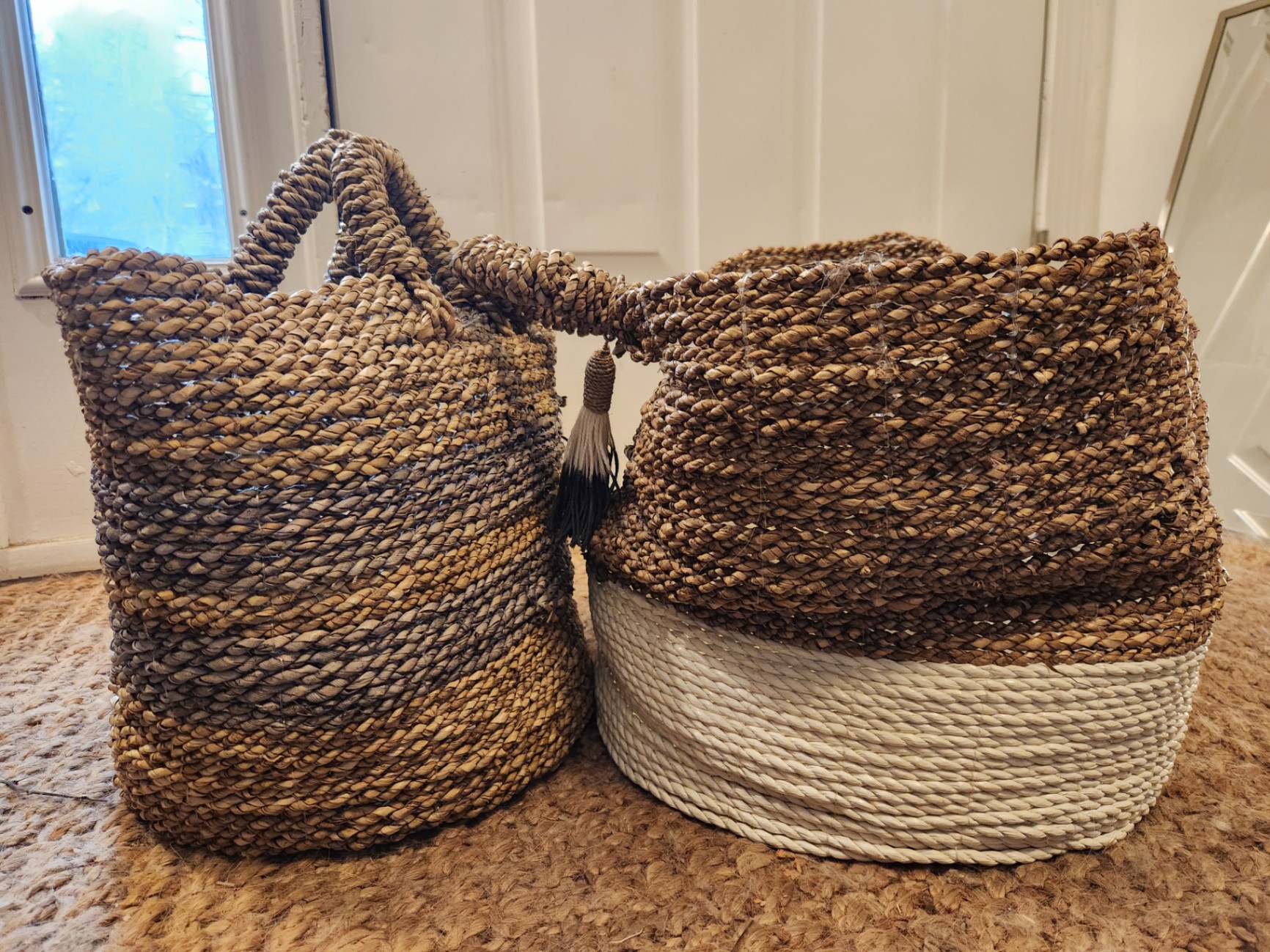Set of 2 Large Handwoven Straw Storage Baskets w/ Handles & Tassel – Boho Coastal Decor, approx. 18” Tall - image 1 of 5