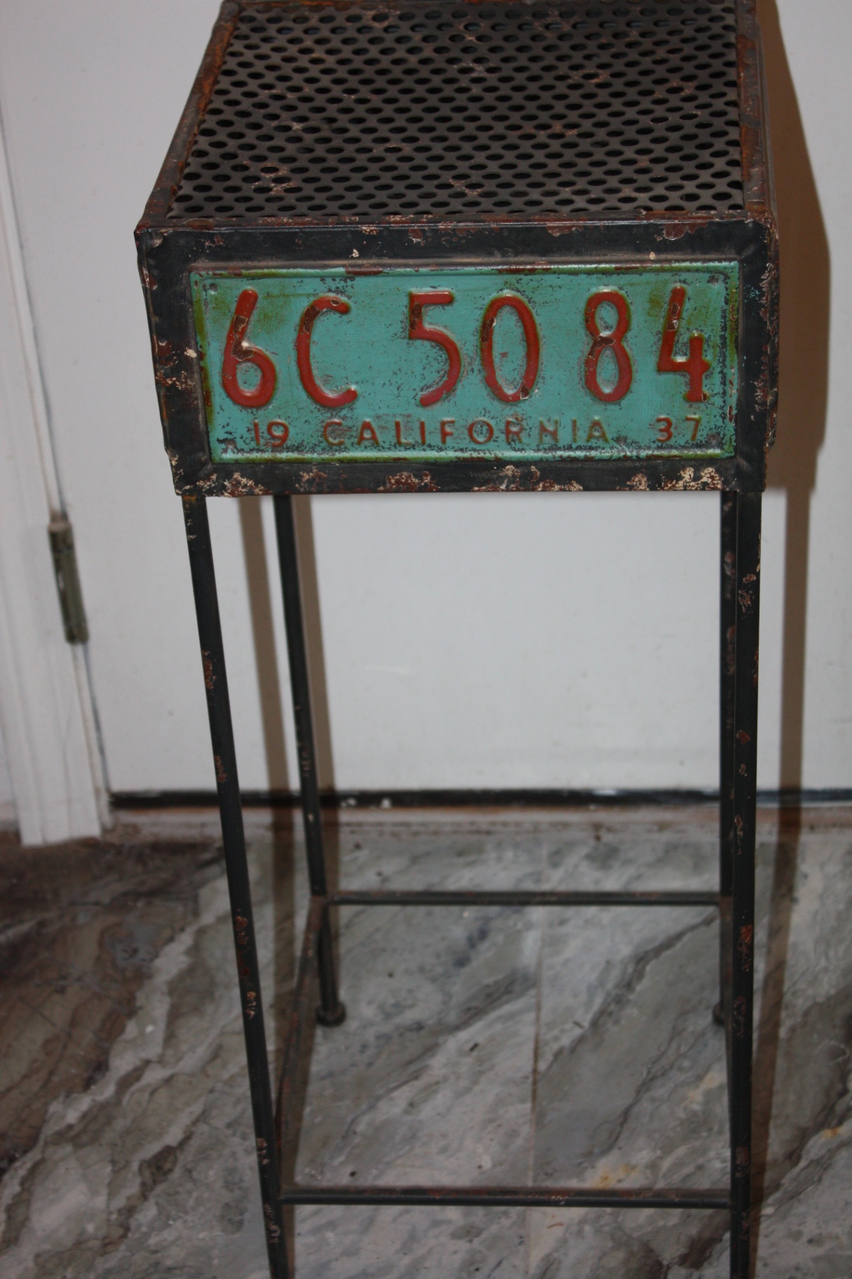 Vintage Industrial License-Plate Pedestal Stand – New Hampshire & California Plates, Perforated Steel Top - image 2 of 8