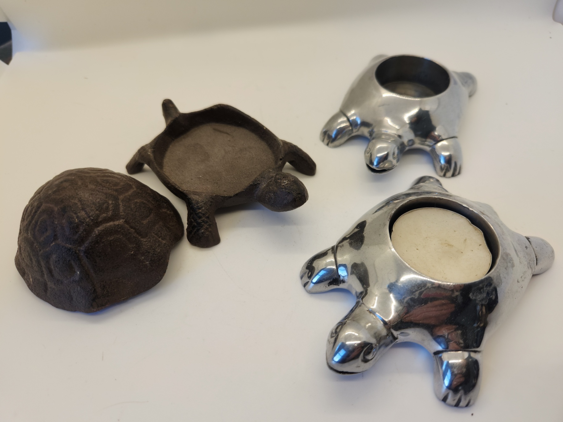 Whimsical Turtle Décor Lot – 2 Restoration Hardware Chrome Tealight Candle Holders & Carved Stone Turtle Key Safe / Trinket Box - image 2 of 5