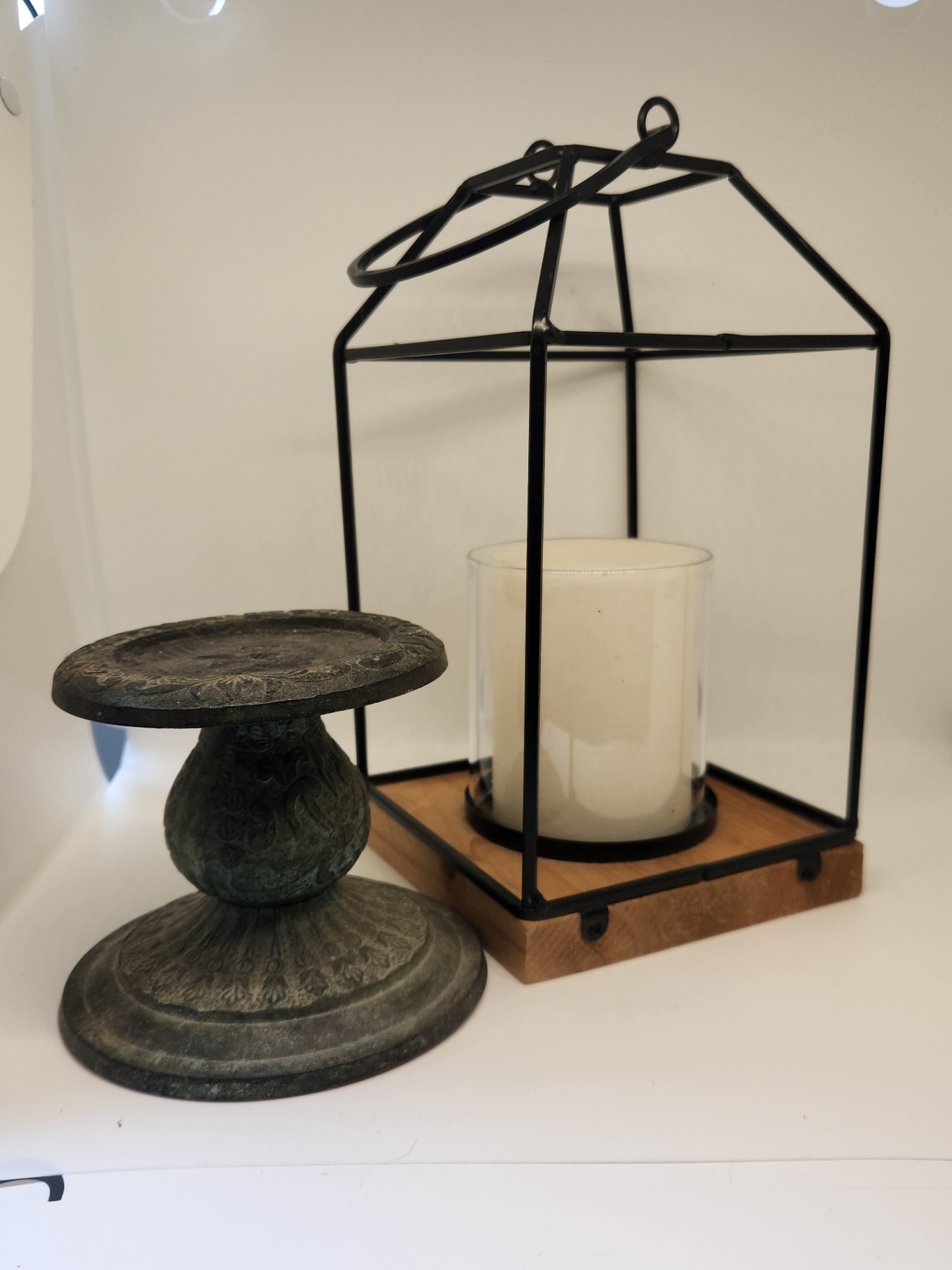 Black Metal & Wood Lantern w/ Battery Operated Candle + Weighted Metal Candle Holder - image 1 of 4