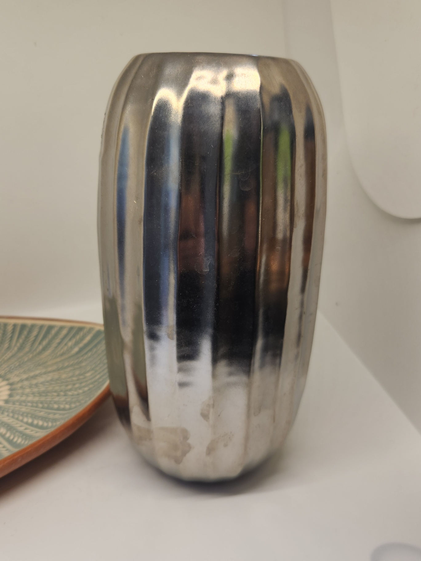 Handmade Italian Pottery Dish “San Plomo” + Silvered Glass Ribbed Vase (2pc Decor Set) - image 6 of 7