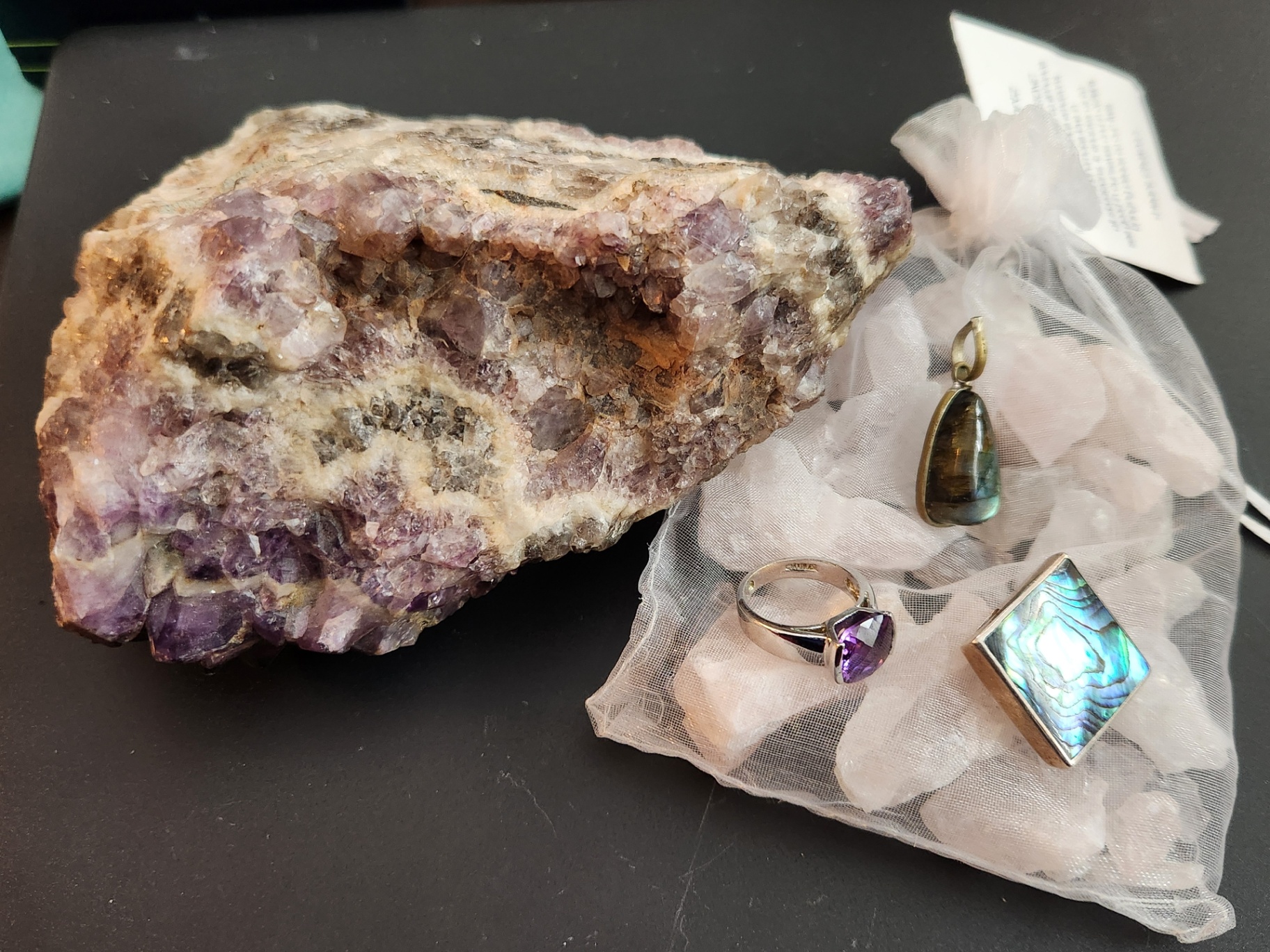 Jewelry Lot (Crystal Love & Protection) – bag of Rose Quartz, Amethyst Ring, Abalone pendant + Labradorite Pendant (all jewelry Sterling 925) - image 1 of 12