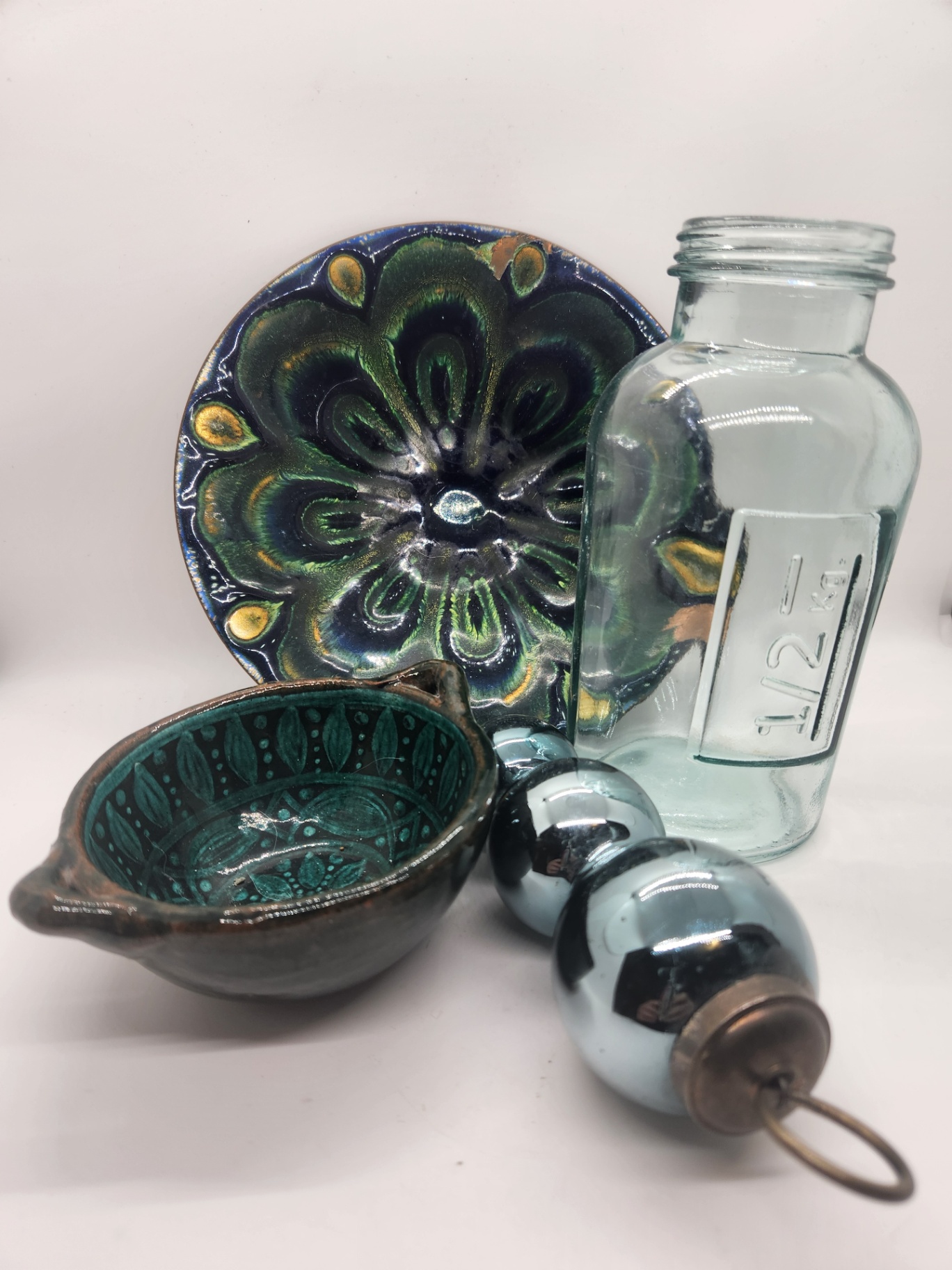 Decorative/Eclectic Lot - Mid-Century Enamel on Copper Plate, 1/2 KG Aqua Glass Jar, Green Hand-Painted Pottery Bowl & Mercury Glass Ornament - image 1 of 5