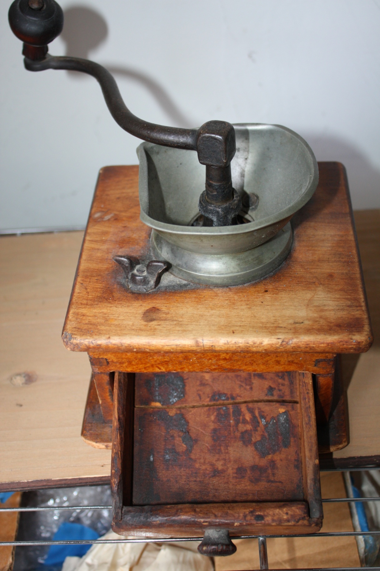 Antique Wooden Box Coffee Grinder with Cast Iron Crank & Pewter Metal Hopper – Early 20th Century - image 1 of 3