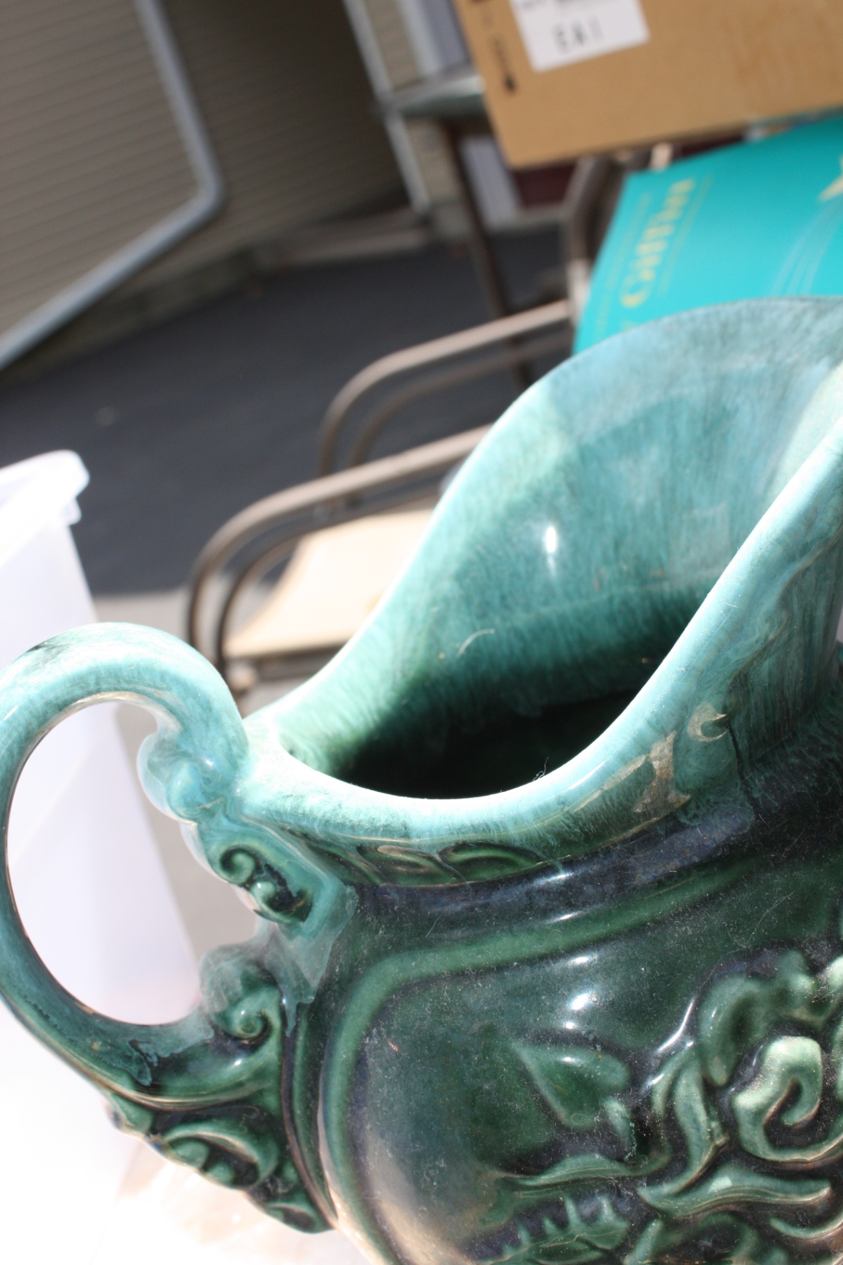 dark mottled green Dartmouth Pottery gurgle jug and saucer - image 6 of 6