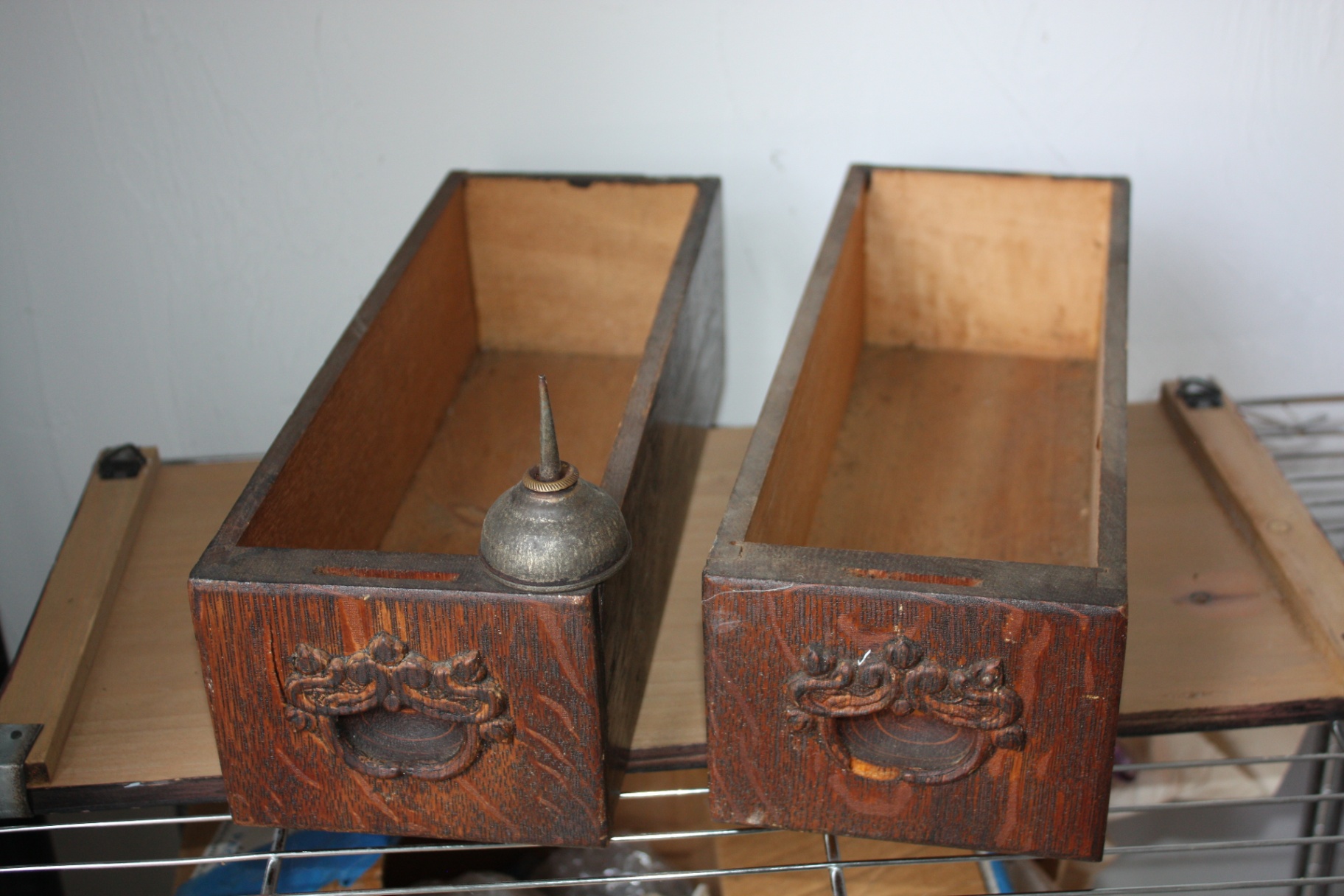 Pair Antique Quarter-Sawn Oak Sewing Machine Drawers with Ornate Pulls + Vintage Metal Oil Can - image 1 of 5