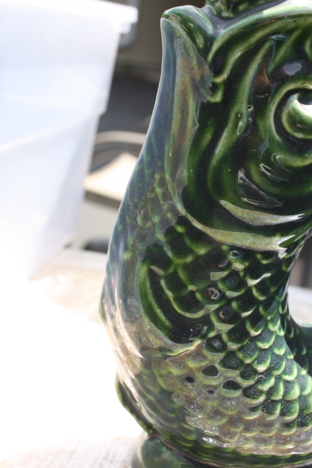 dark mottled green Dartmouth Pottery gurgle jug and saucer - image 2 of 6