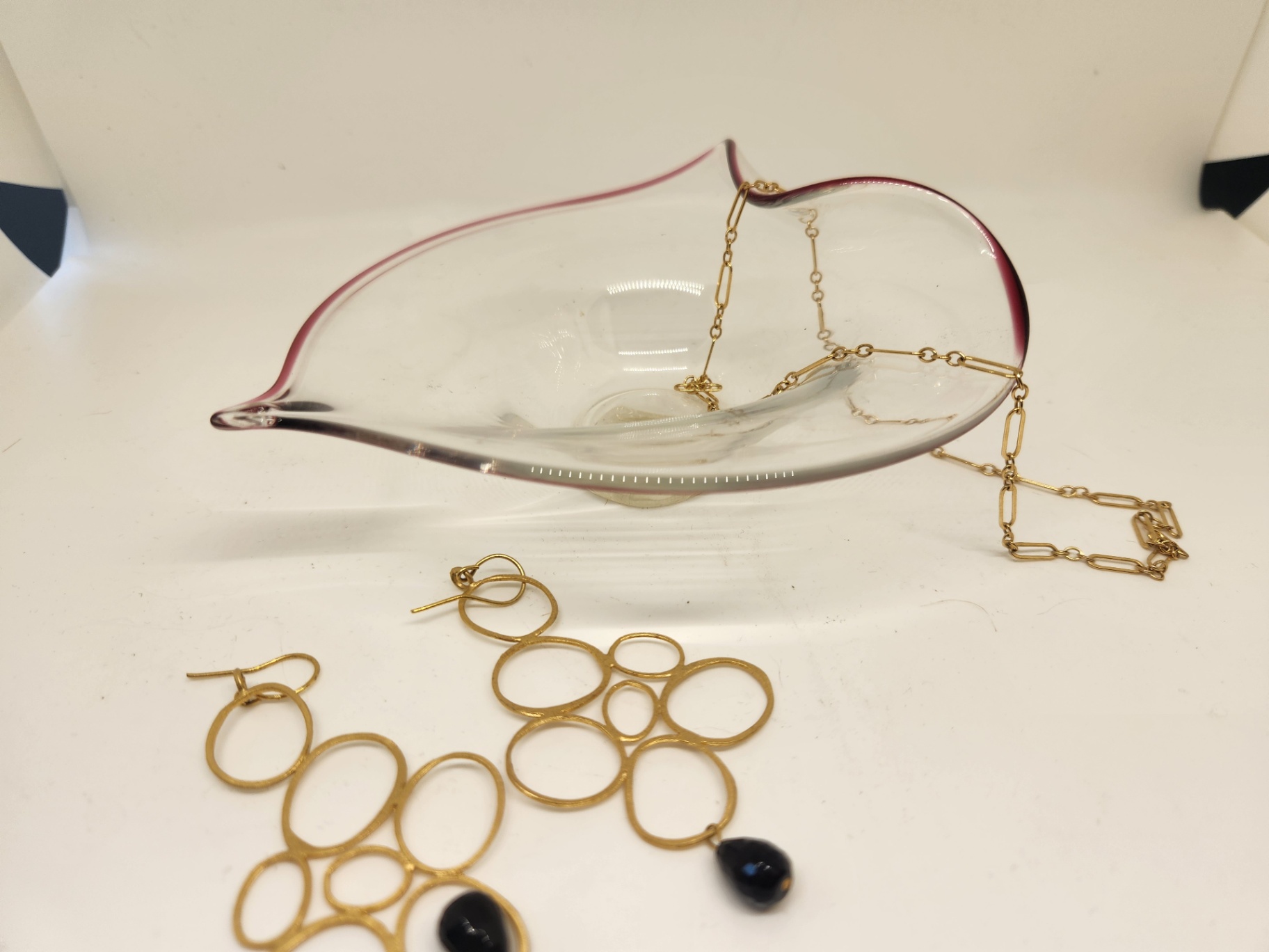 Beautiful Art Glass Bowl + Modern Gold-Tone Necklace & Gold-Tone & Black Stone Earrings Set (3pc Lot) - image 1 of 12