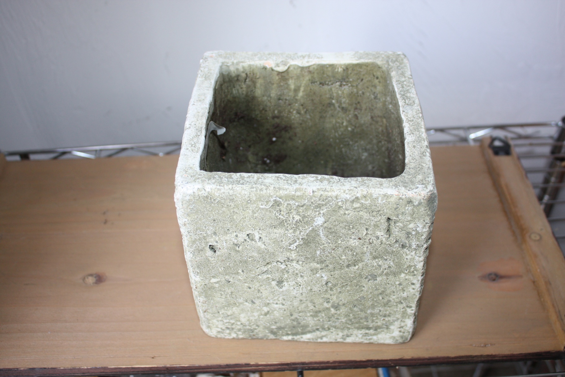 Weathered Cast Cement Stone Planters — Square Cube Planter + Round Tapered Planter Pot (Lot of 2) - image 1 of 5