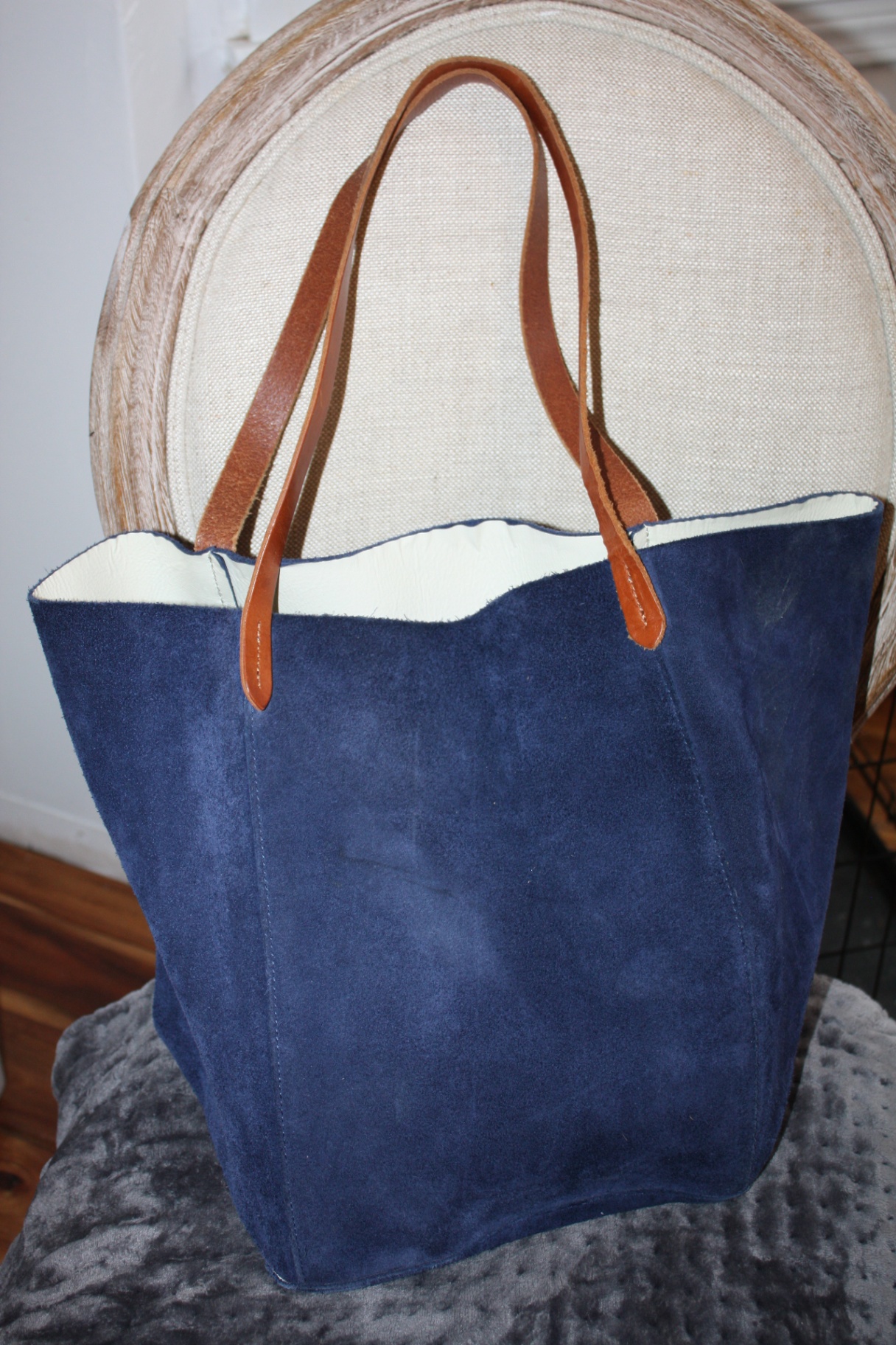 Mark & Graham Blue Suede Leather Tote with Brown Leather Straps - image 4 of 6