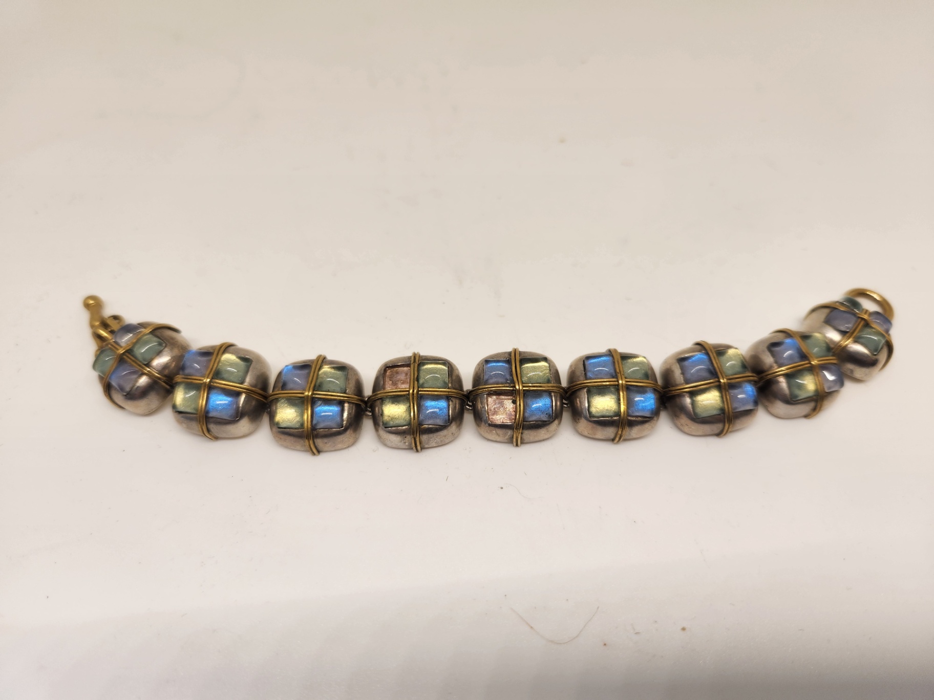 Signed Vaubel Bracelet – Iridescent Glass Stone Links – Mixed Metal – 2 Stones Missing ($6890 retail) - image 2 of 11