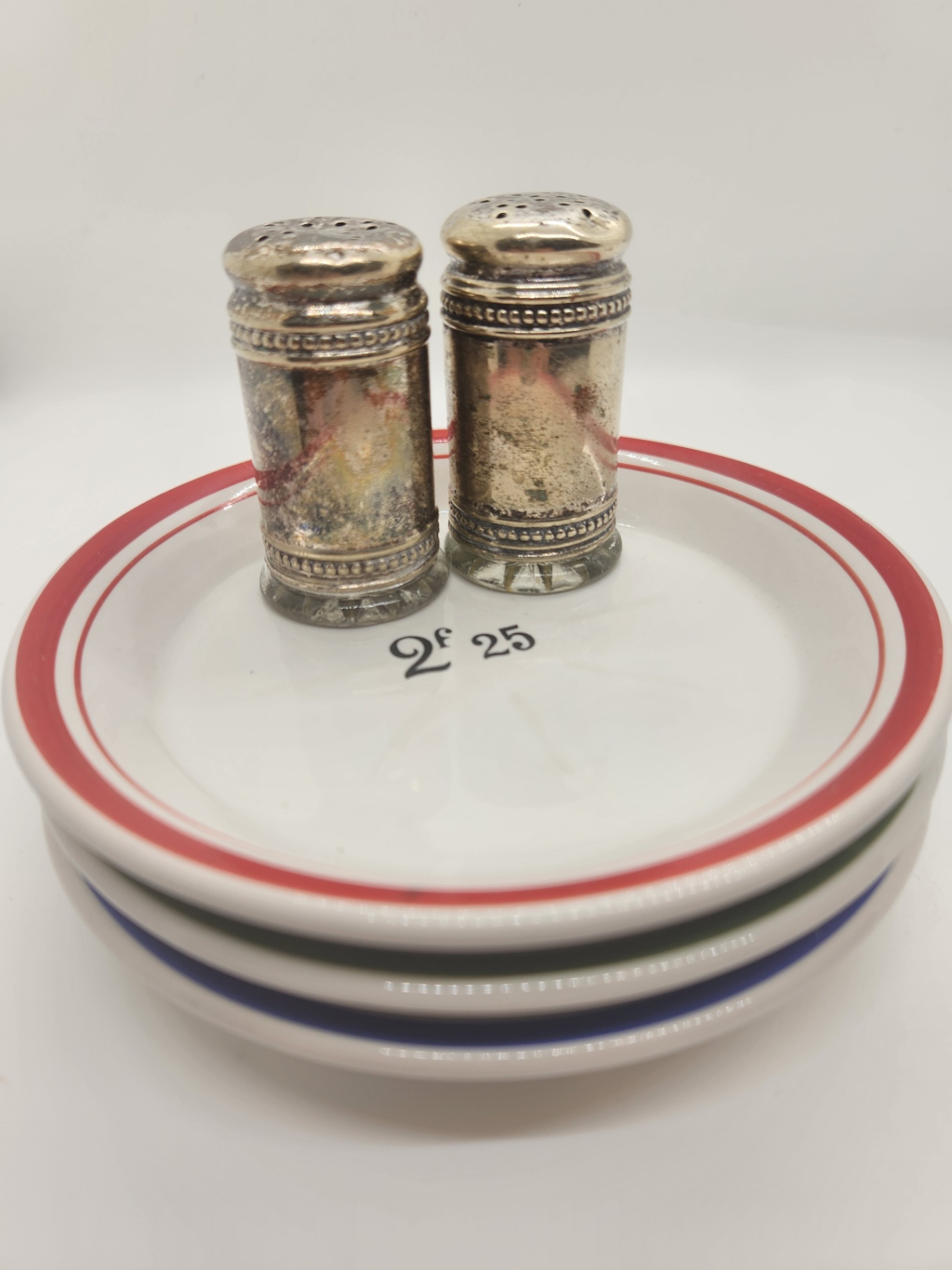 Vintage French Bistro Absinthe Tip Plates (3 plates) & Silverplate Salt and Pepper Shakers - Lot of 5 - image 1 of 8