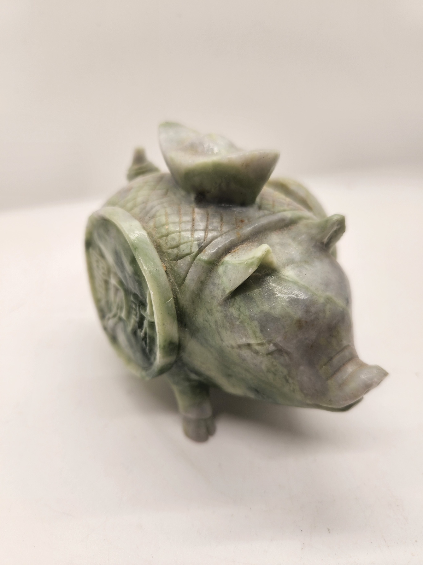 Hand-Carved Nephrite Jade or Serpentine Pig with Coin Motif & Soapstone/Marble Sculptural Rhinoceros Vintage Asian Stone Figures – Green Serpentine Pig with Coin & Brown Rhino Sculpture - image 3 of 15