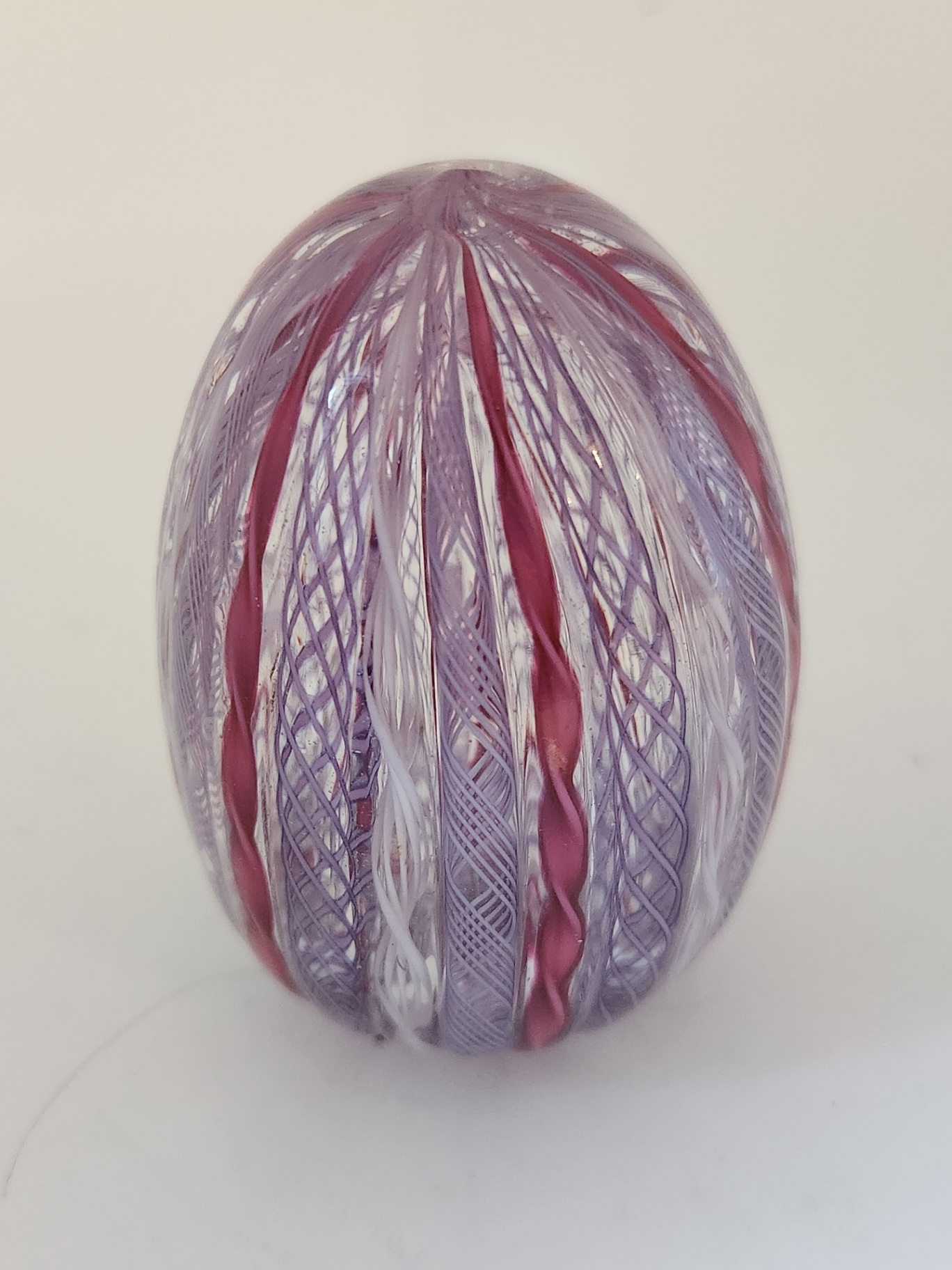Hand Blown Art Glass Egg-Shaped Latticino Paperweight – Purple & Cranberry Ribbon Latticino Swirl Murano Paperweight - Maybe E Langbein - image 1 of 7