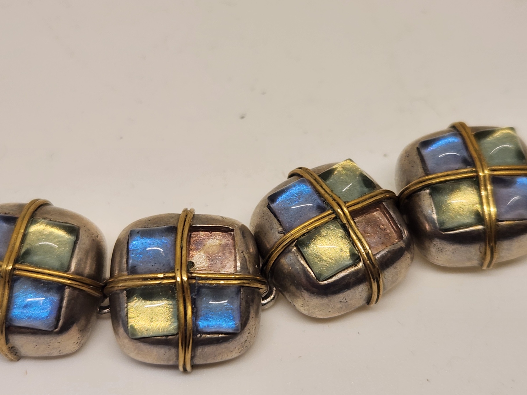 Signed Vaubel Bracelet – Iridescent Glass Stone Links – Mixed Metal – 2 Stones Missing ($6890 retail) - image 11 of 11