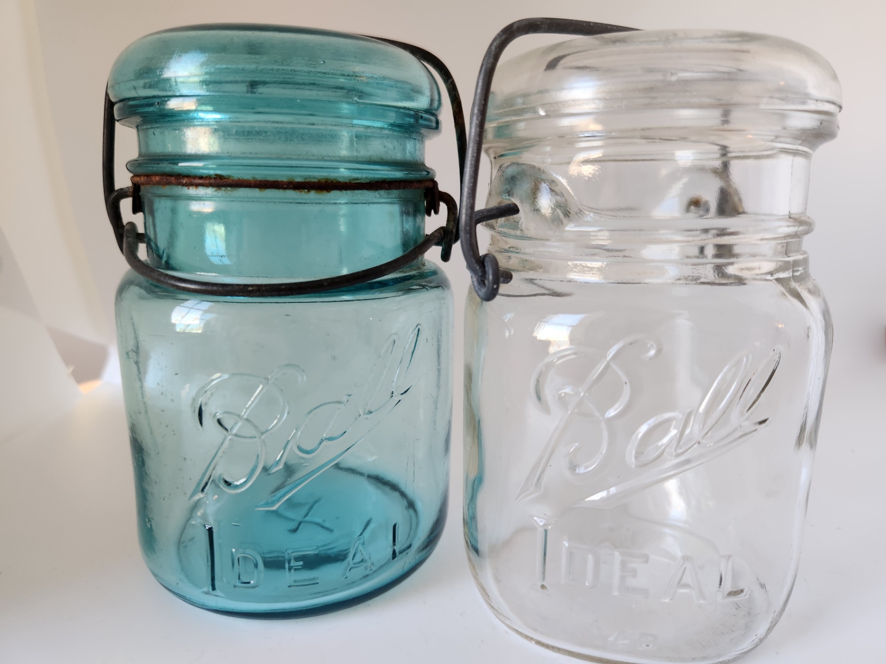 air of Antique Ball “IDEAL” Wire Bail Canning Jars – Aqua & Clear Glass w/ Original Lids, c.1910–1920 - image 1 of 6