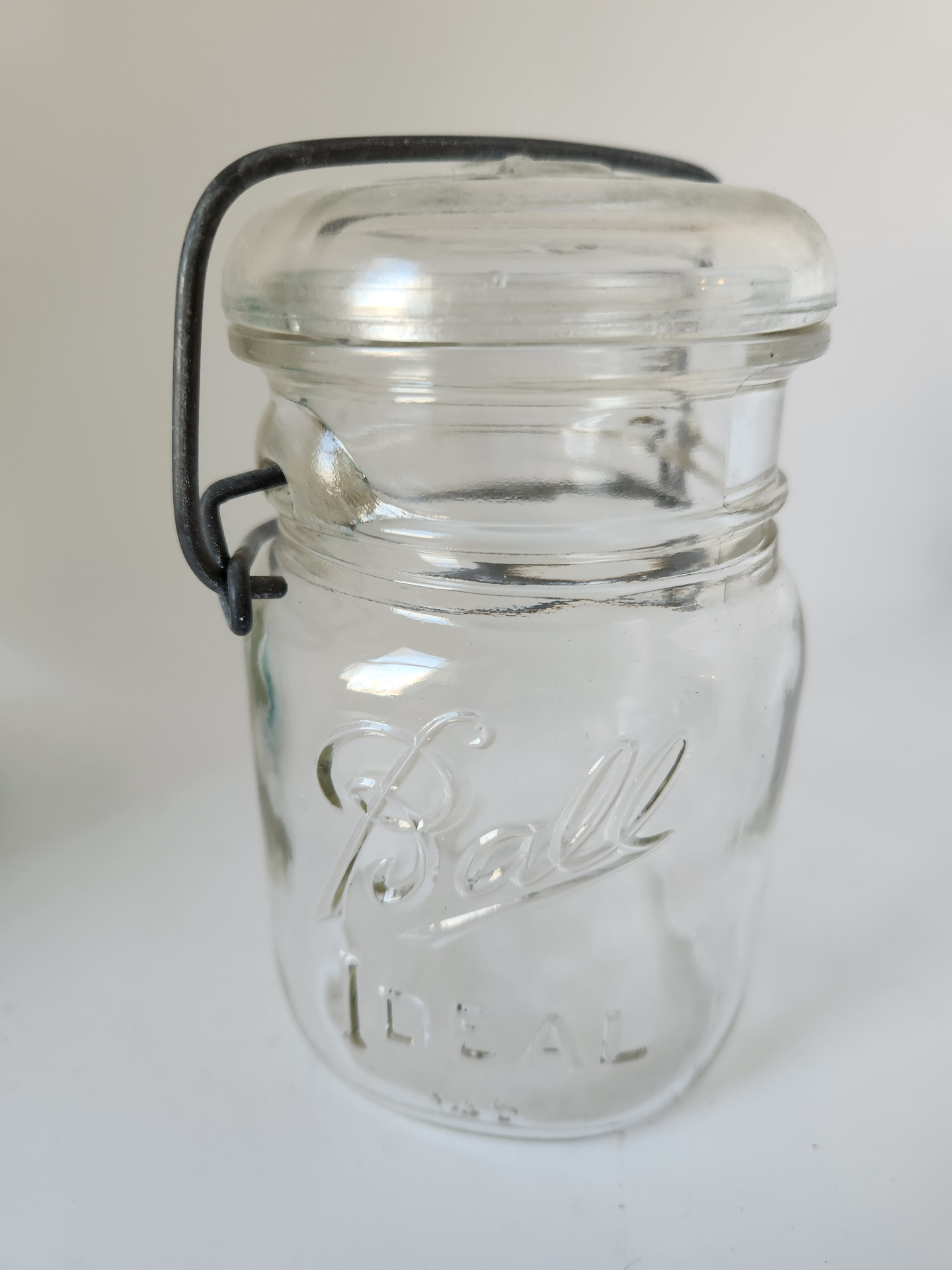 air of Antique Ball “IDEAL” Wire Bail Canning Jars – Aqua & Clear Glass w/ Original Lids, c.1910–1920 - image 4 of 6