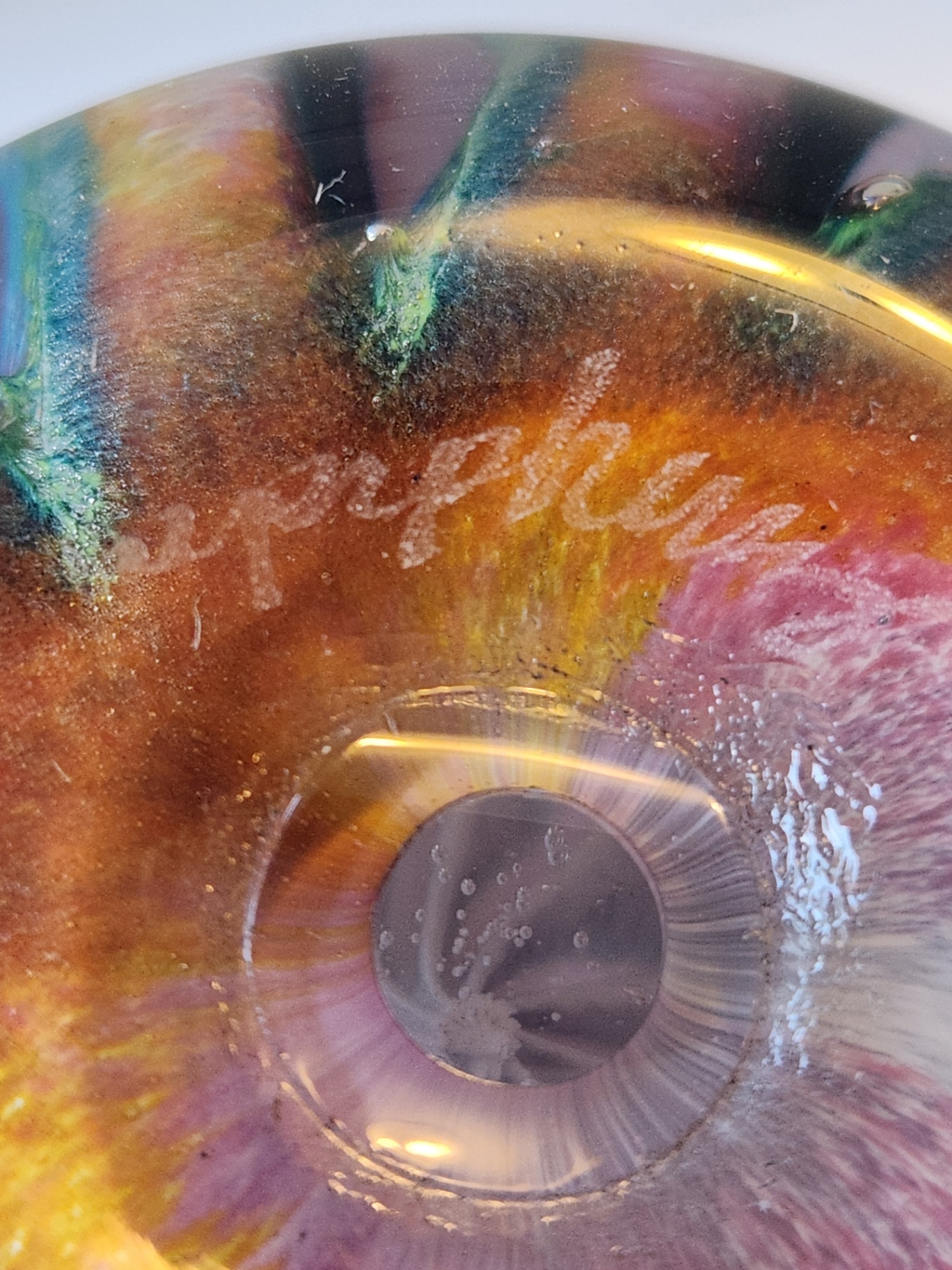 Epiphany Studio April Wagner Art Glass Teal & Lavender Bloom Paperweight, Signed early 2000s - image 3 of 4