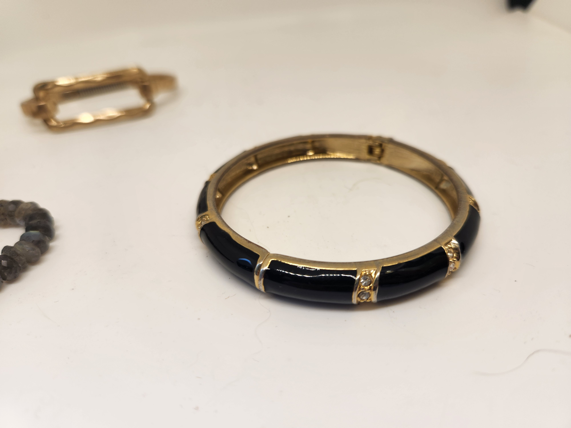 4-Piece Bracelet Lot – Gold Tone Bangle, Black Enamel Hinged Bracelet with enamel and crystals, Silver & Gold two-tone Link & Labradorite Stretch Bracelet - image 6 of 6