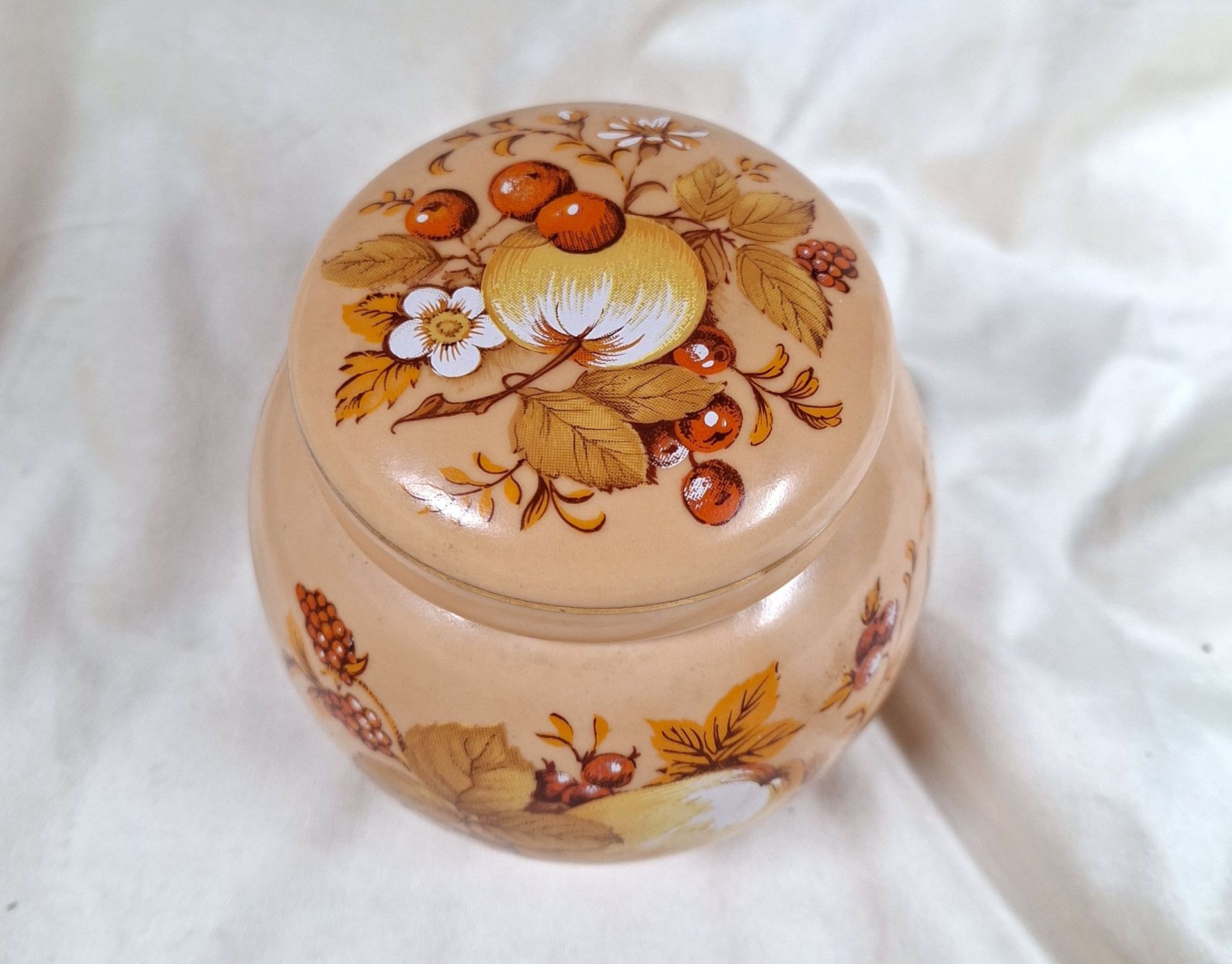 Decorative Lidded Jar with Fruit and Floral Pattern - image 2 of 7