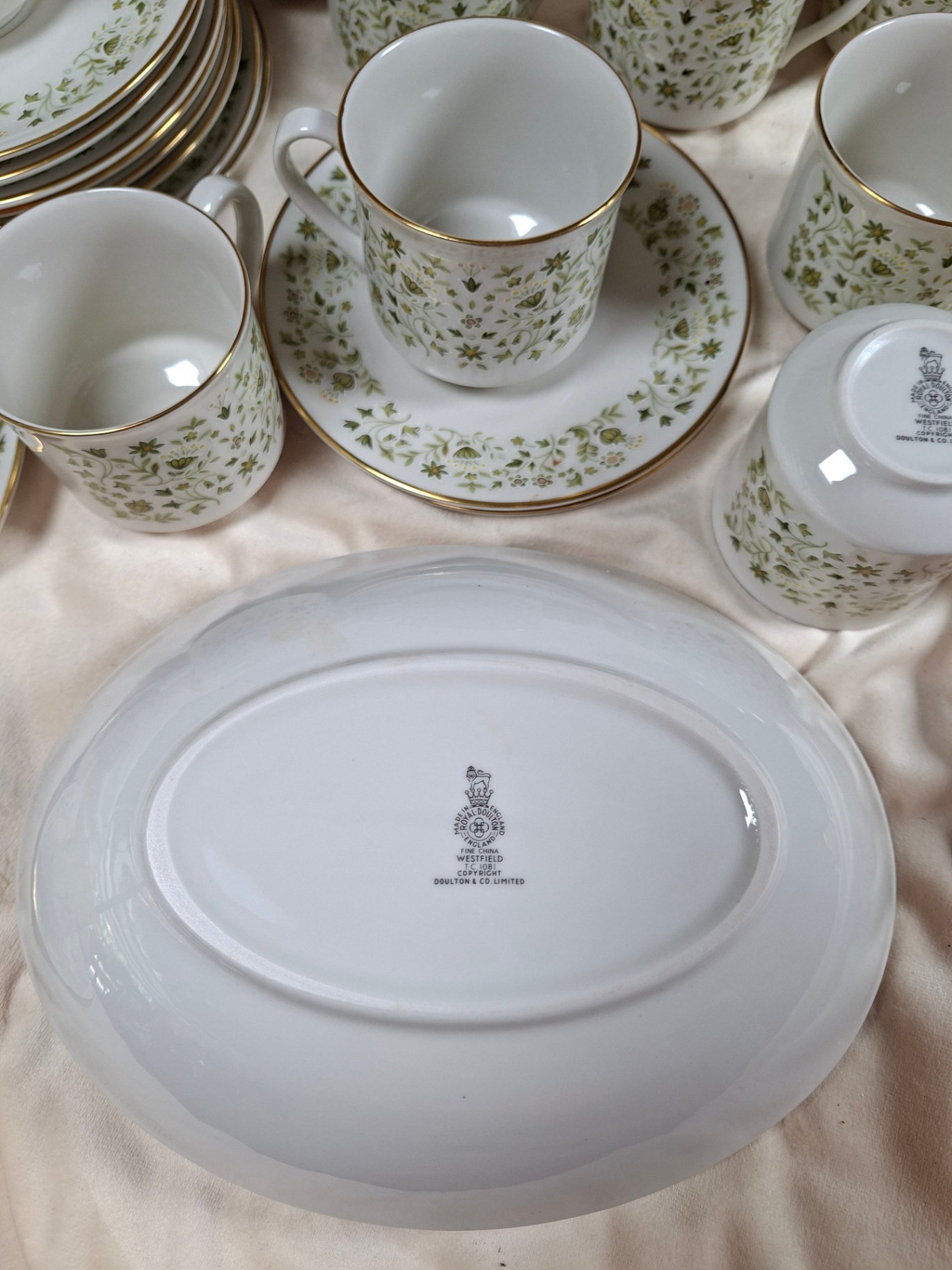 Vintage Westfield Royal Doulton Green floral china dinnerware set with gold trim, Made in England - image 5 of 9