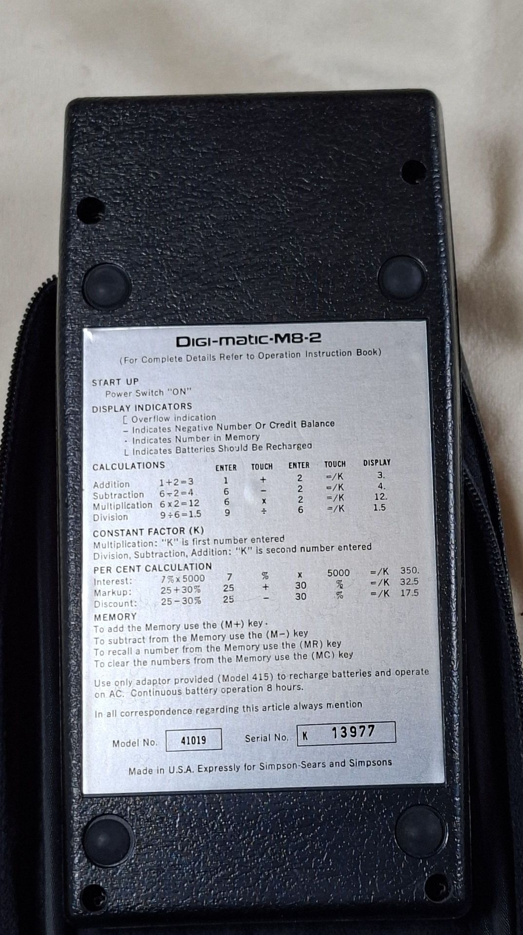 Sears Digi-matic-M8-2 Electronic Calculator with Case and Manual - image 4 of 5