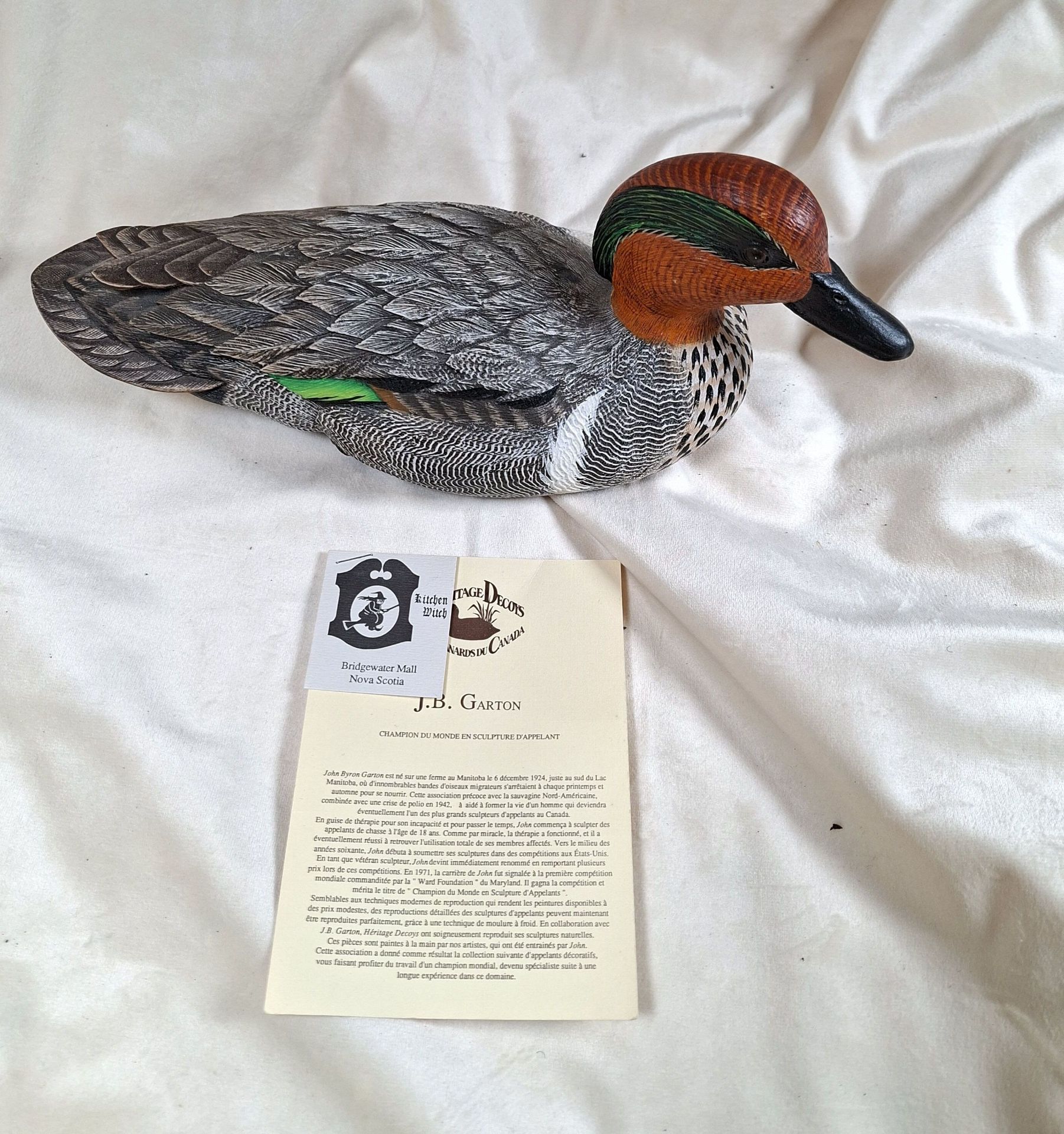 Hand-Carved Wooden Duck Decoy with Certificate. Nova Scotia - image 2 of 6