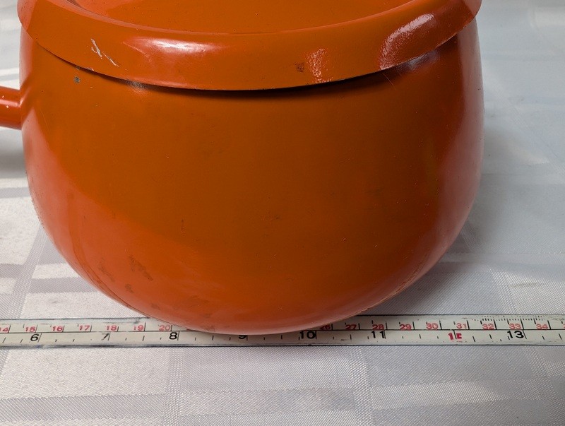 Orange enamel pot with lid and wooden handle - image 13 of 14