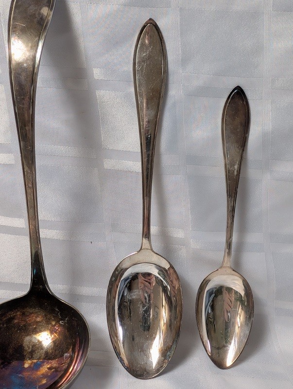 Set of tarnished silver spoons and a serving ladle - image 3 of 10