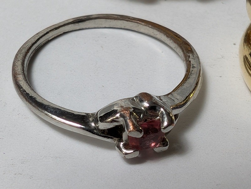 Citrine ring, pink gemstone ring, and enamel hoop earrings - image 4 of 13