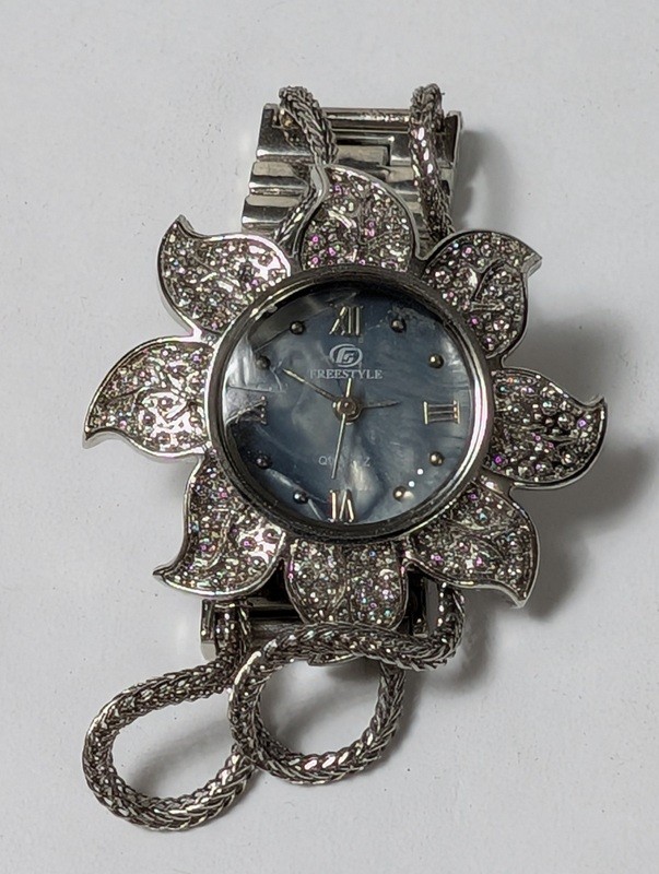 Floral rhinestone pendant watch and silver link bracelet watch - image 3 of 11