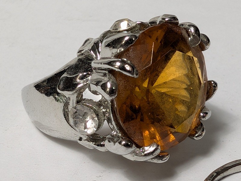 Citrine ring, pink gemstone ring, and enamel hoop earrings - image 11 of 13