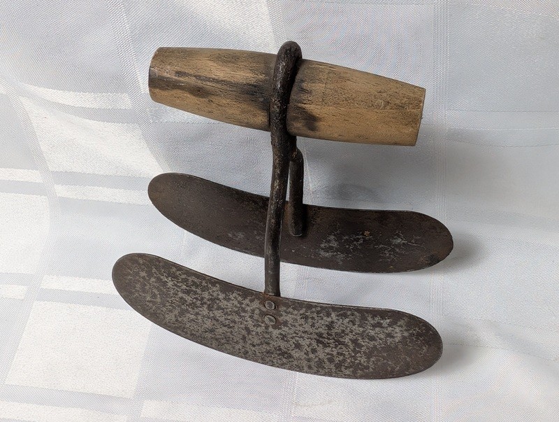 Vintage hand tool with wooden handle and paired curved metal blades - image 2 of 6