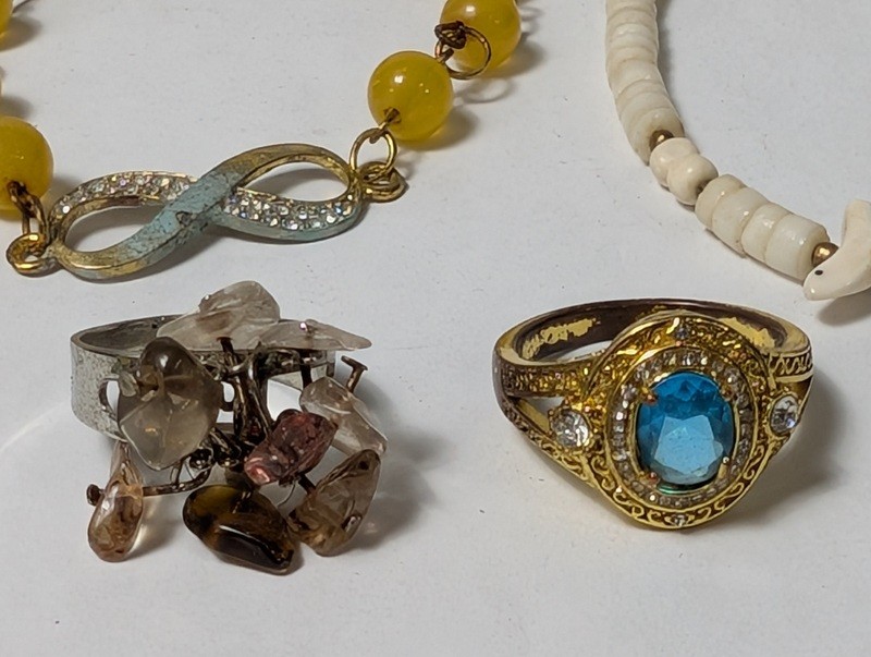 Yellow bead bracelet, white bead necklace, and two rings - image 2 of 10