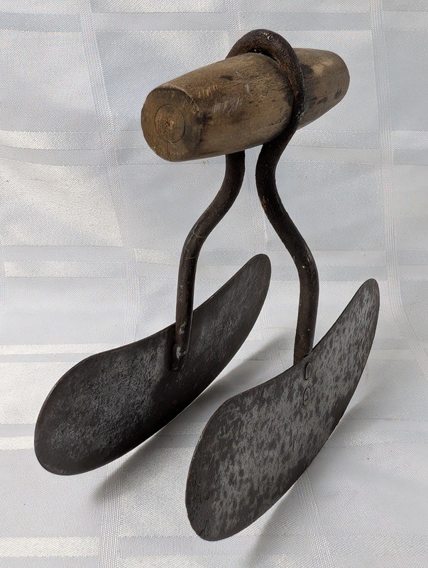 Vintage hand tool with wooden handle and paired curved metal blades - image 3 of 6