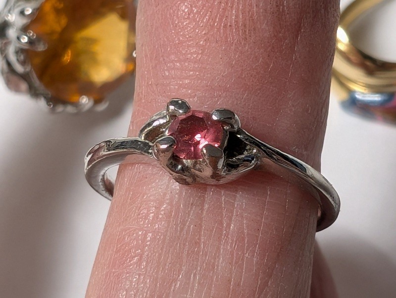 Citrine ring, pink gemstone ring, and enamel hoop earrings - image 12 of 13
