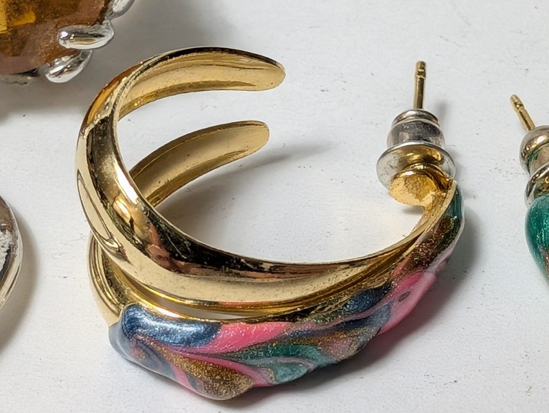 Citrine ring, pink gemstone ring, and enamel hoop earrings - image 3 of 13