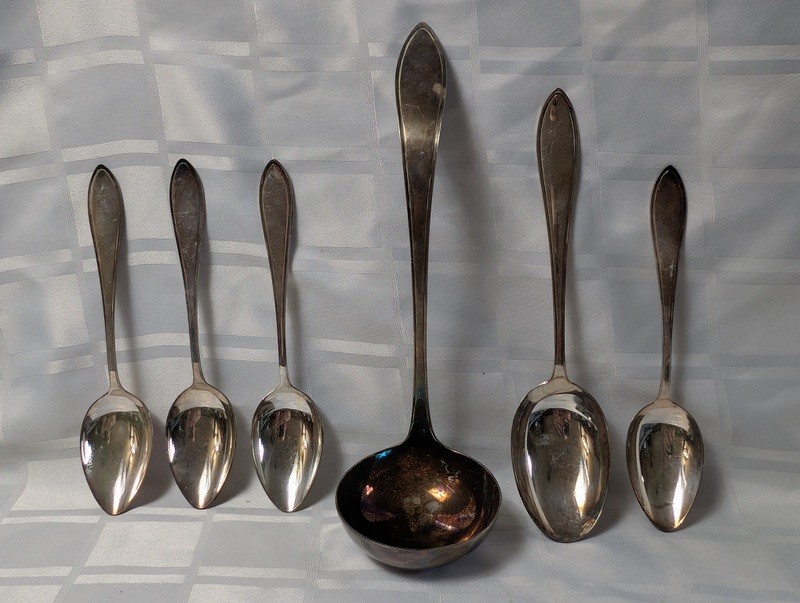 Set of tarnished silver spoons and a serving ladle - image 1 of 10