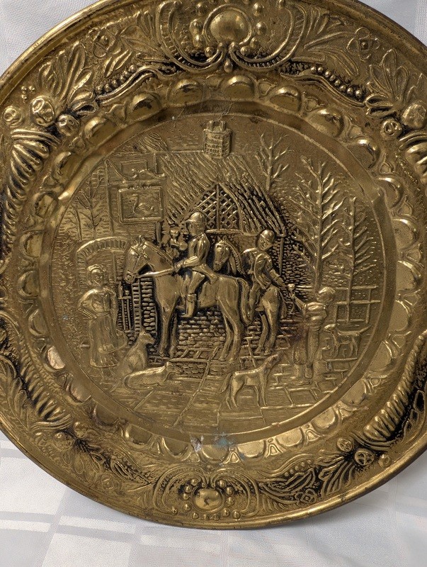 Round brass decorative plate with embossed medieval scene - image 2 of 10