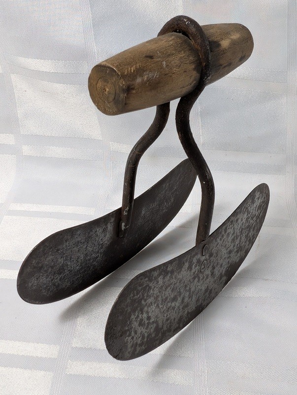 Vintage hand tool with wooden handle and paired curved metal blades - image 4 of 6