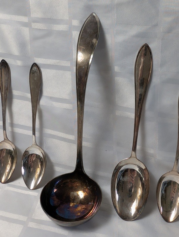 Set of tarnished silver spoons and a serving ladle - image 6 of 10