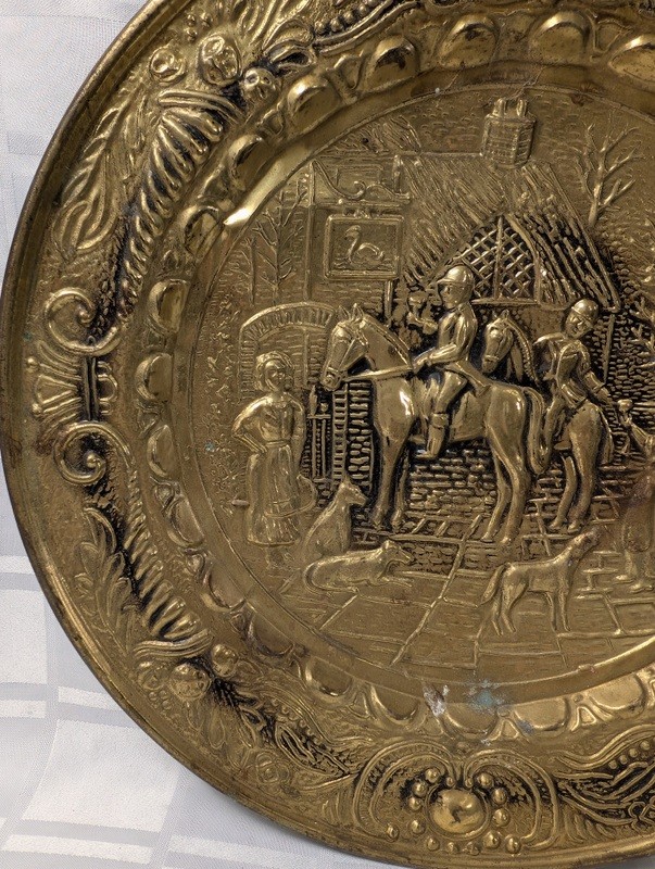 Round brass decorative plate with embossed medieval scene - image 3 of 10