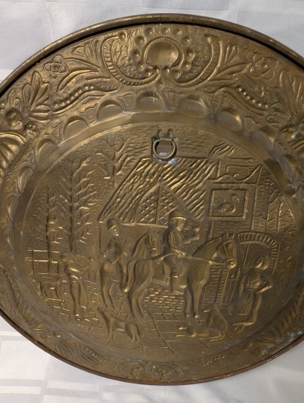 Round brass decorative plate with embossed medieval scene - image 8 of 10