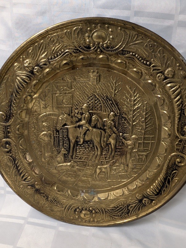 Round brass decorative plate with embossed medieval scene - image 5 of 10