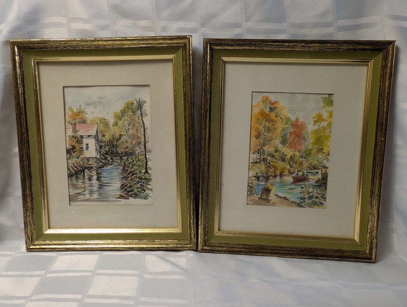 Pair of framed watercolor prints of autumn riverscapes - image 1 of 13