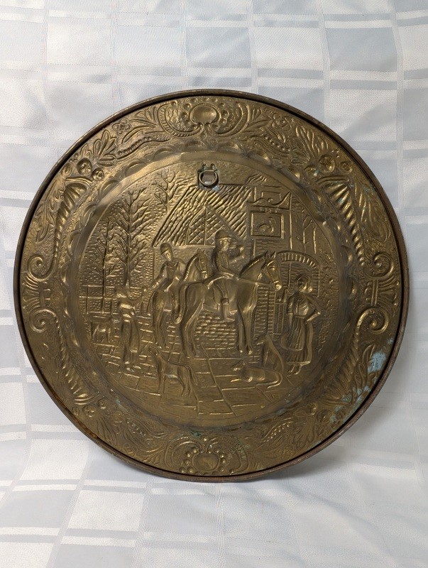 Round brass decorative plate with embossed medieval scene - image 6 of 10
