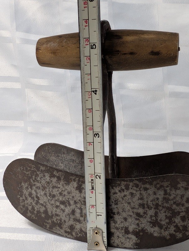 Vintage hand tool with wooden handle and paired curved metal blades - image 5 of 6