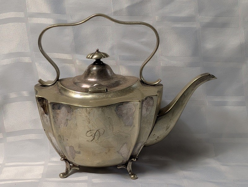 Antique silver teapot with etched panels and monogram - image 1 of 14