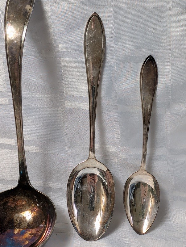 Set of tarnished silver spoons and a serving ladle - image 4 of 10